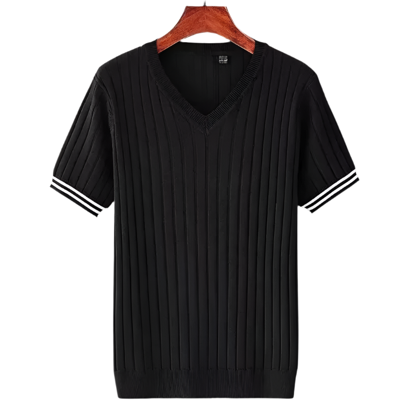 Miesten ohut neule V-aukkoinen T-paita, slim fit, raidallinen tekstuuri, moderni ilme; kevyt ja hengittävä materiaali.