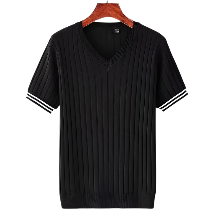 Miesten ohut neule V-aukkoinen T-paita, slim fit, raidallinen tekstuuri, moderni ilme; kevyt ja hengittävä materiaali.