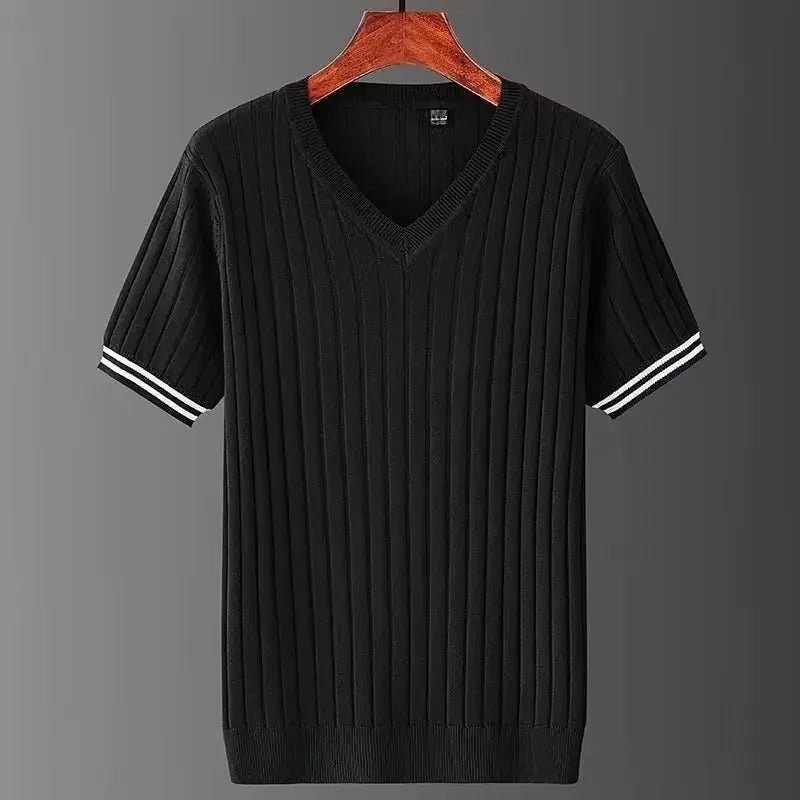 Miesten ohut neule V-aukkoinen T-paita, slim fit, raidallinen tekstuuri, moderni ilme; kevyt ja hengittävä materiaali.