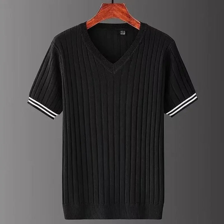 Miesten ohut neule V-aukkoinen T-paita, slim fit, raidallinen tekstuuri, moderni ilme; kevyt ja hengittävä materiaali.