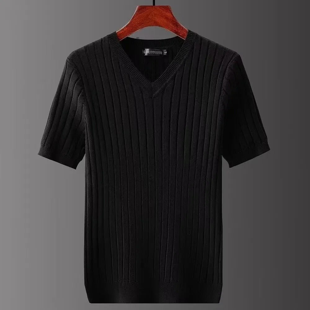 Miesten ohut neule V-aukkoinen T-paita, slim fit, raidallinen tekstuuri, moderni ilme; kevyt ja hengittävä materiaali.