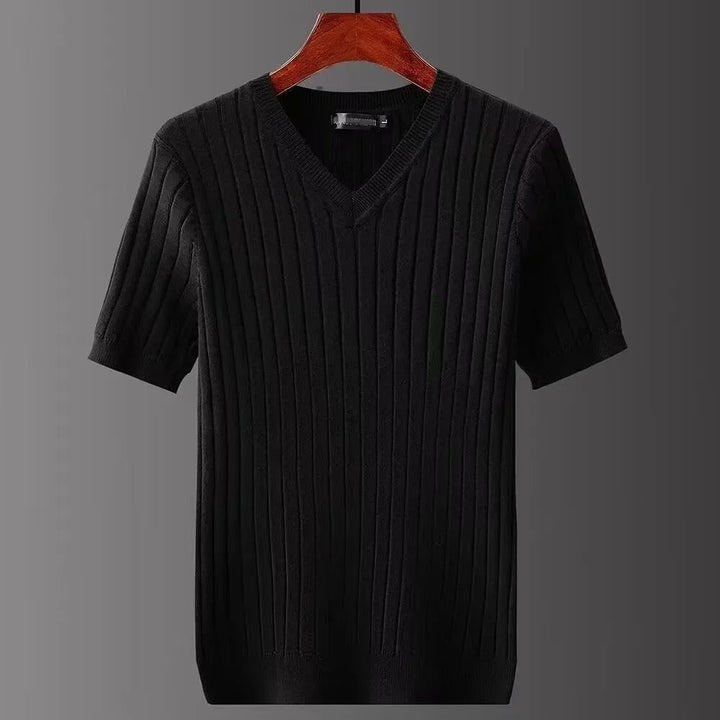 Miesten ohut neule V-aukkoinen T-paita, slim fit, raidallinen tekstuuri, moderni ilme; kevyt ja hengittävä materiaali.