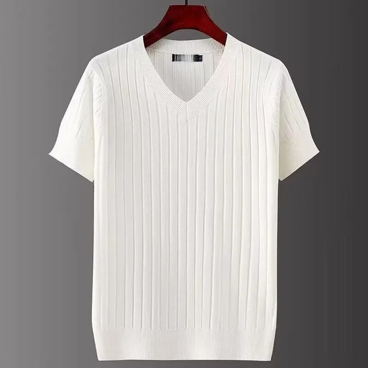 Miesten ohut neule V-aukkoinen T-paita, slim fit, raidallinen tekstuuri, moderni ilme; kevyt ja hengittävä materiaali.