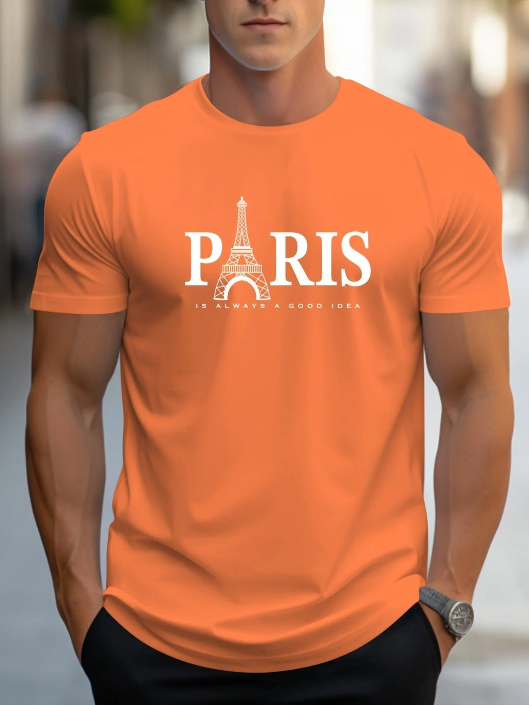 "Miesten oversized T-paita, Paris-printti, väljä malli, pehmeä kangas, moderni tyyli, kuvio Pariisin kaupungista."
