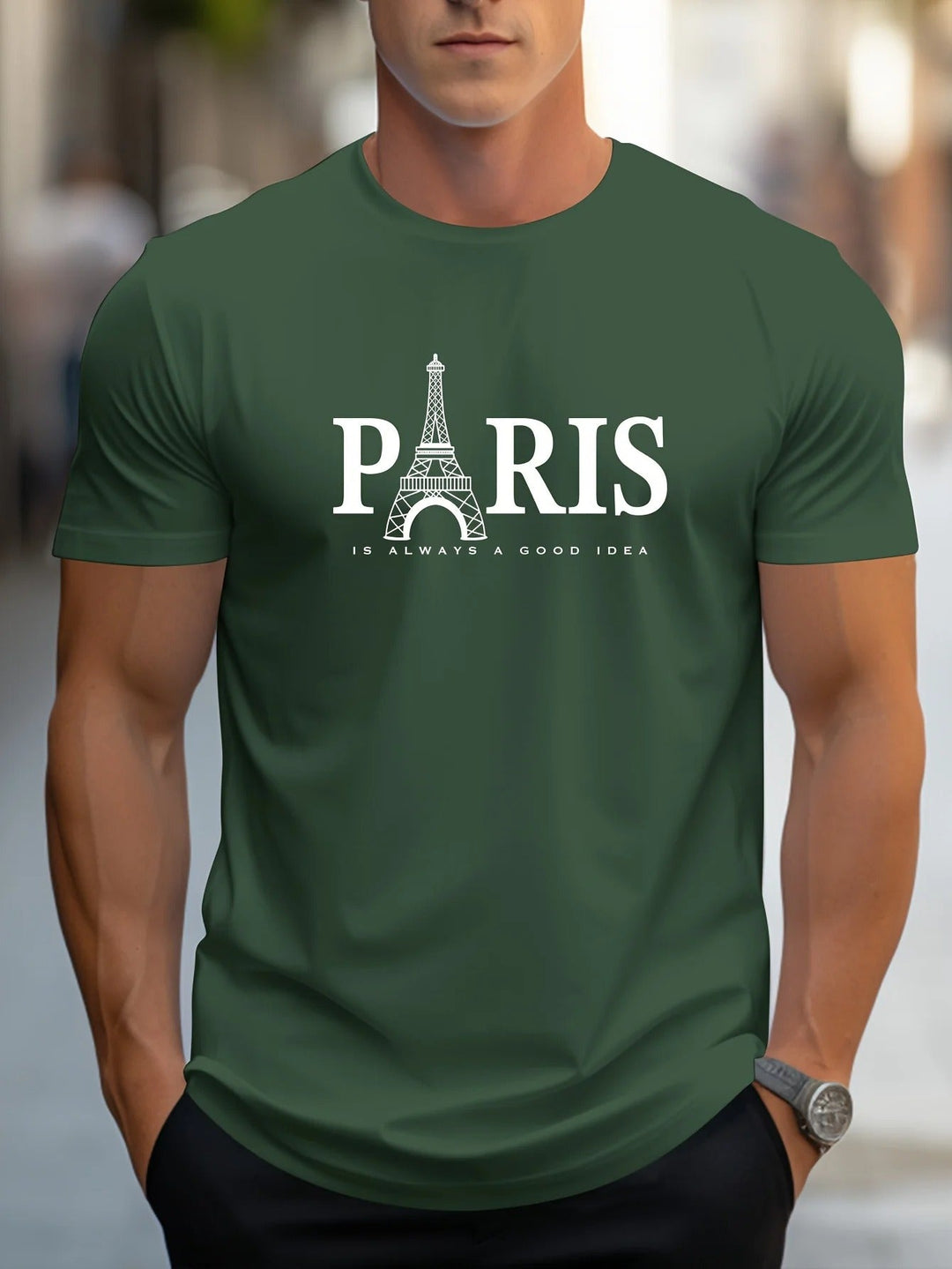 "Miesten oversized T-paita, Paris-printti, väljä malli, pehmeä kangas, moderni tyyli, kuvio Pariisin kaupungista."