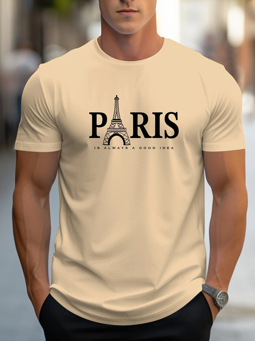 "Miesten oversized T-paita, Paris-printti, väljä malli, pehmeä kangas, moderni tyyli, kuvio Pariisin kaupungista."