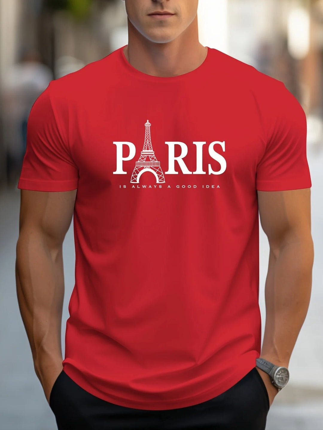 "Miesten oversized T-paita, Paris-printti, väljä malli, pehmeä kangas, moderni tyyli, kuvio Pariisin kaupungista."