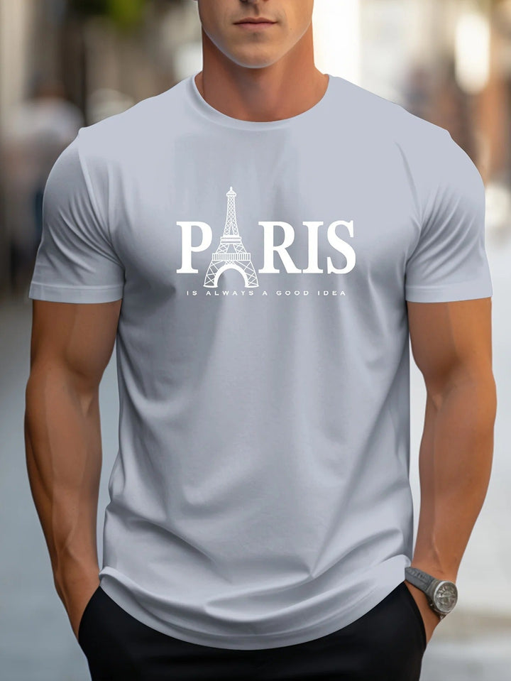 "Miesten oversized T-paita, Paris-printti, väljä malli, pehmeä kangas, moderni tyyli, kuvio Pariisin kaupungista."