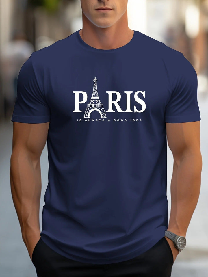 "Miesten oversized T-paita, Paris-printti, väljä malli, pehmeä kangas, moderni tyyli, kuvio Pariisin kaupungista."