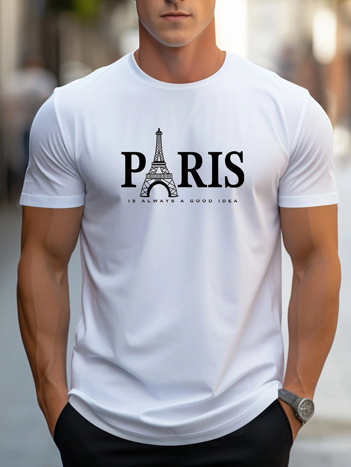"Miesten oversized T-paita, Paris-printti, väljä malli, pehmeä kangas, moderni tyyli, kuvio Pariisin kaupungista."