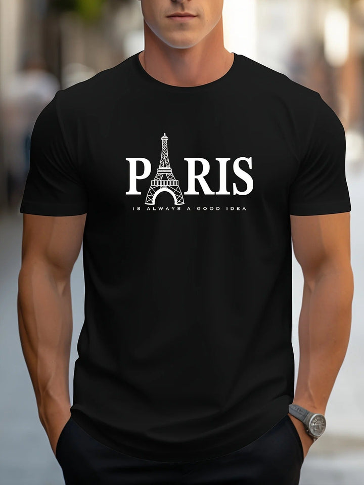 "Miesten oversized T-paita, Paris-printti, väljä malli, pehmeä kangas, moderni tyyli, kuvio Pariisin kaupungista."