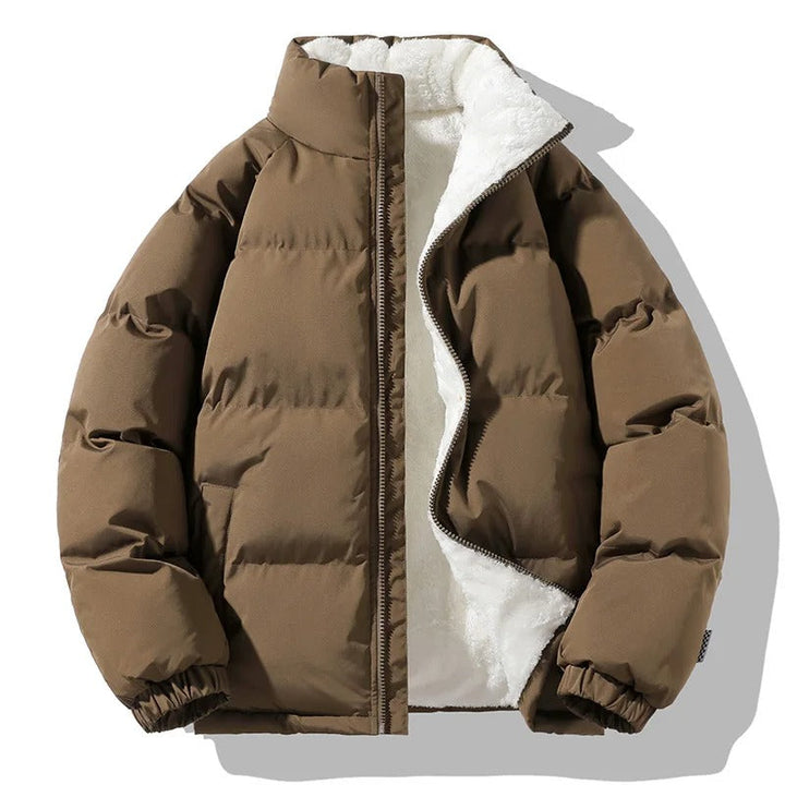 Mænds tykke fleeceforede vinterjakke, ensfarvet, med stå-op krave, varm og holdbar, perfekt til vinter.