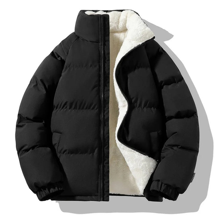 Mænds tykke fleeceforede vinterjakke, ensfarvet, med stå-op krave, varm og holdbar, perfekt til vinter.