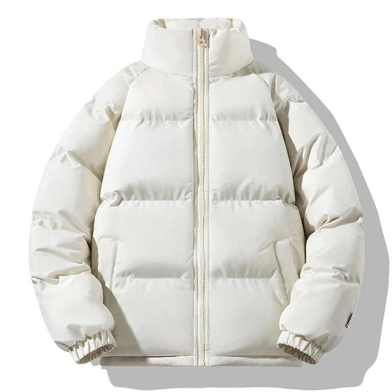 Mænds tykke fleeceforede vinterjakke, ensfarvet, med stå-op krave, varm og holdbar, perfekt til vinter.