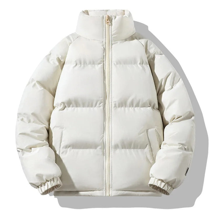Mænds tykke fleeceforede vinterjakke, ensfarvet, med stå-op krave, varm og holdbar, perfekt til vinter.