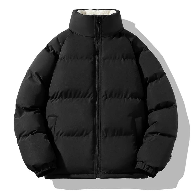 Mænds tykke fleeceforede vinterjakke, ensfarvet, med stå-op krave, varm og holdbar, perfekt til vinter.