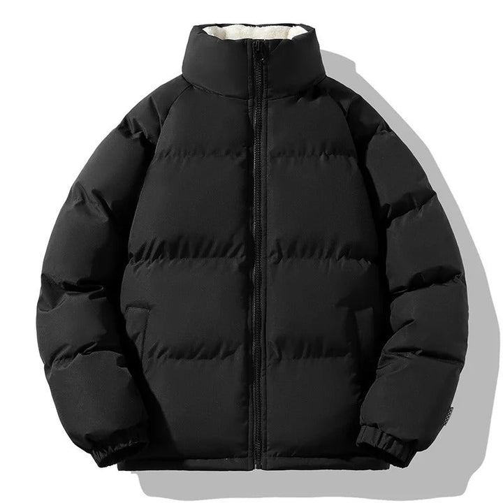 Mænds tykke fleeceforede vinterjakke, ensfarvet, med stå-op krave, varm og holdbar, perfekt til vinter.