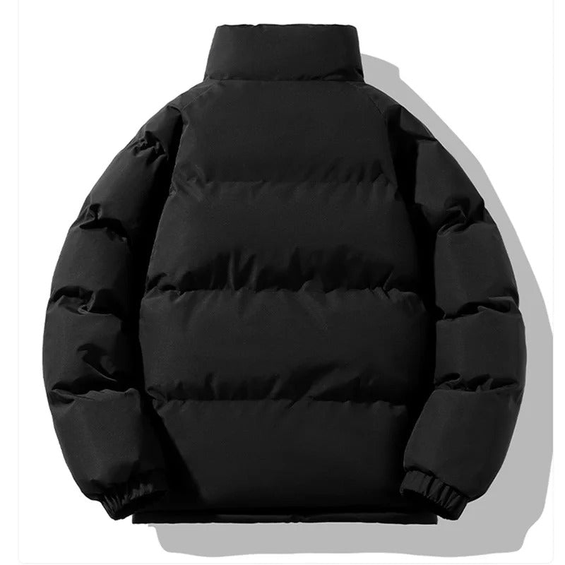 Mænds tykke fleeceforede vinterjakke, ensfarvet, med stå-op krave, varm og holdbar, perfekt til vinter.