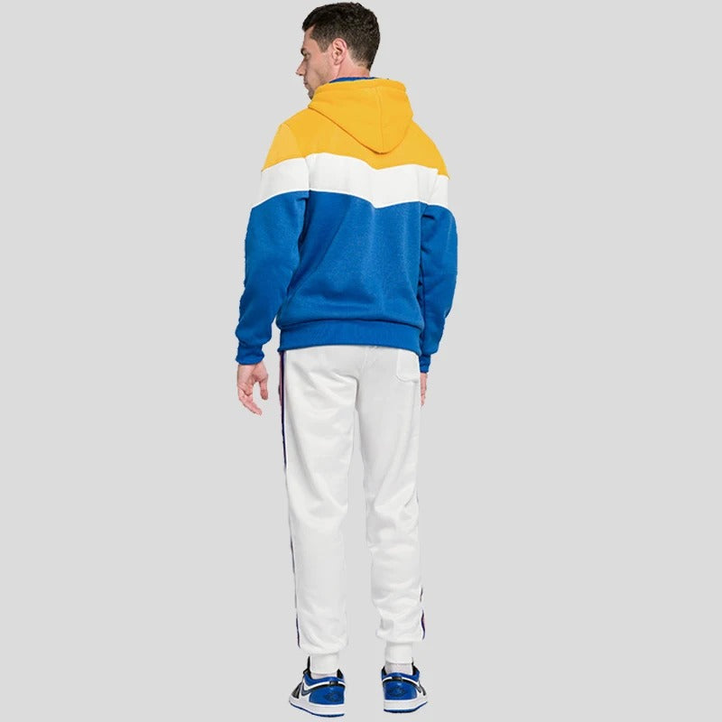 "Miesten patchwork fleece huppari, lämmin ja tyylikäs, väljä istuvuus, ainutlaatuinen tilkkutäkkimuotoilu, streetwear-tyyli."