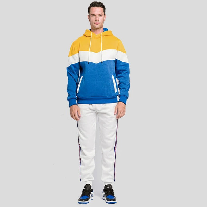 "Miesten patchwork fleece huppari, lämmin ja tyylikäs, väljä istuvuus, ainutlaatuinen tilkkutäkkimuotoilu, streetwear-tyyli."