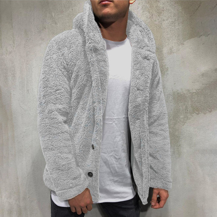 "Miesten pehmeä fleece-takki, rento tyyli, harmaa, yksinkertainen muotoilu, lämpöä tarjoava vaate ulkoiluun ja arkeen."