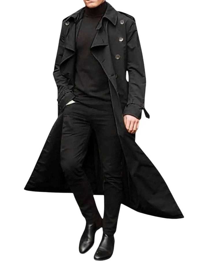 Mænds lang dobbeltspændt trenchcoat i blå, vandtæt med en stilfuld silhuet. Velegnet til efterår og vinter.