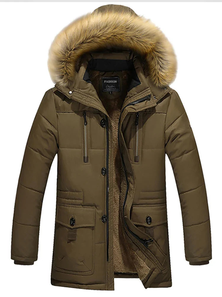 Mænds lange vinterfrakke med vaskebjørnskrave, moderigtigt design, varme forlommer, tidløst look