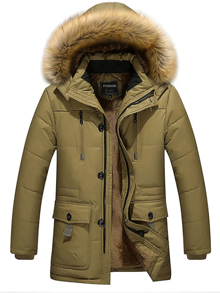 Mænds lange vinterfrakke med vaskebjørnskrave, moderigtigt design, varme forlommer, tidløst look