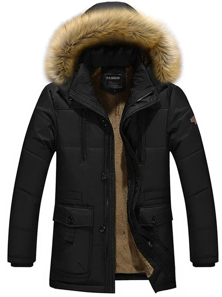 Mænds lange vinterfrakke med vaskebjørnskrave, moderigtigt design, varme forlommer, tidløst look