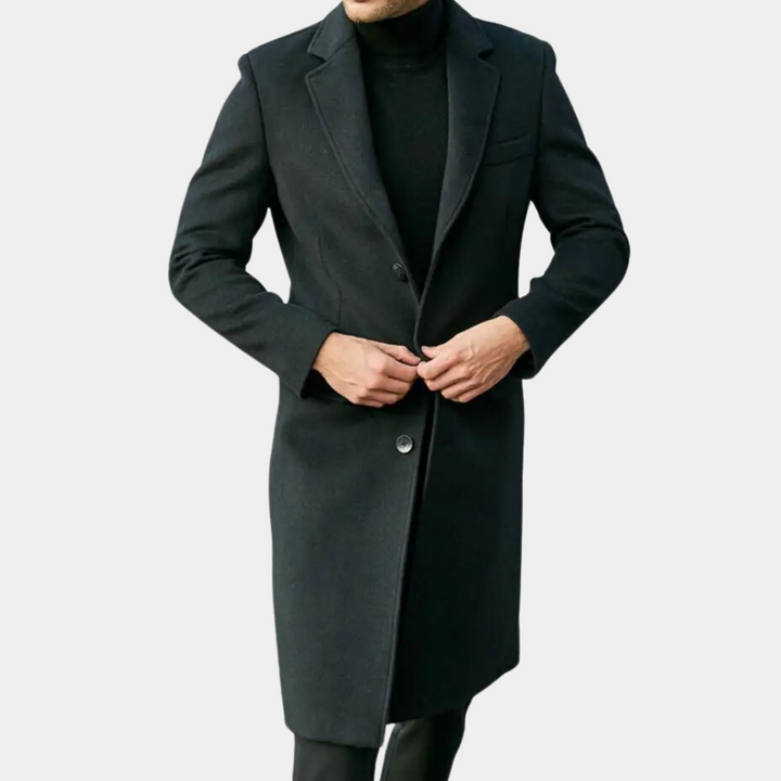 Herre lang vatteret jakke, klassisk mode, sort, elegant snit, passer til den moderne herre.