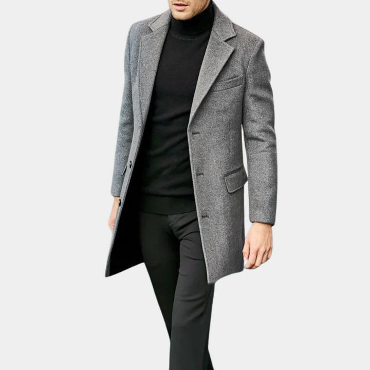 Herre lang vatteret jakke, klassisk mode, sort, elegant snit, passer til den moderne herre.