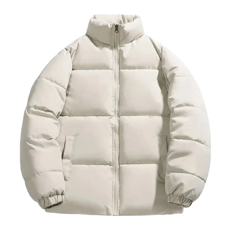 Herre dunjakke, moderne stil, varmt for, opretstående krave, sort farve, vintertøj, velegnet til koldt vejr.