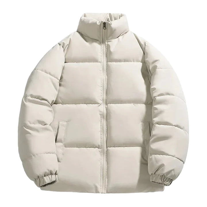 Herre dunjakke, moderne stil, varmt for, opretstående krave, sort farve, vintertøj, velegnet til koldt vejr.