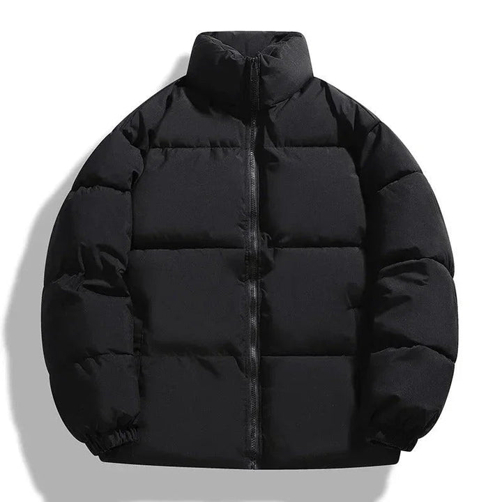 Herre dunjakke, moderne stil, varmt for, opretstående krave, sort farve, vintertøj, velegnet til koldt vejr.