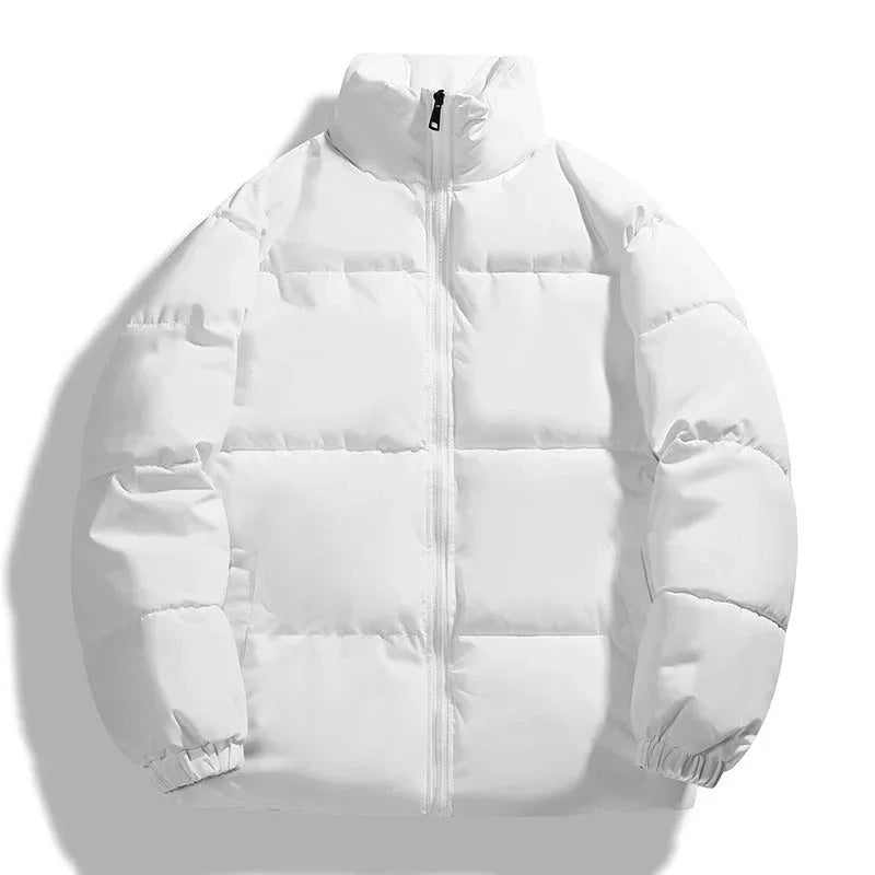 Herre dunjakke, moderne stil, varmt for, opretstående krave, sort farve, vintertøj, velegnet til koldt vejr.