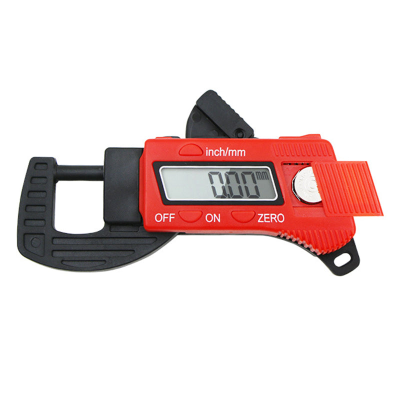 Mænds digitale mikrometer i rød og blå, med stort LCD-display, præcis måling og holdbar konstruktion.