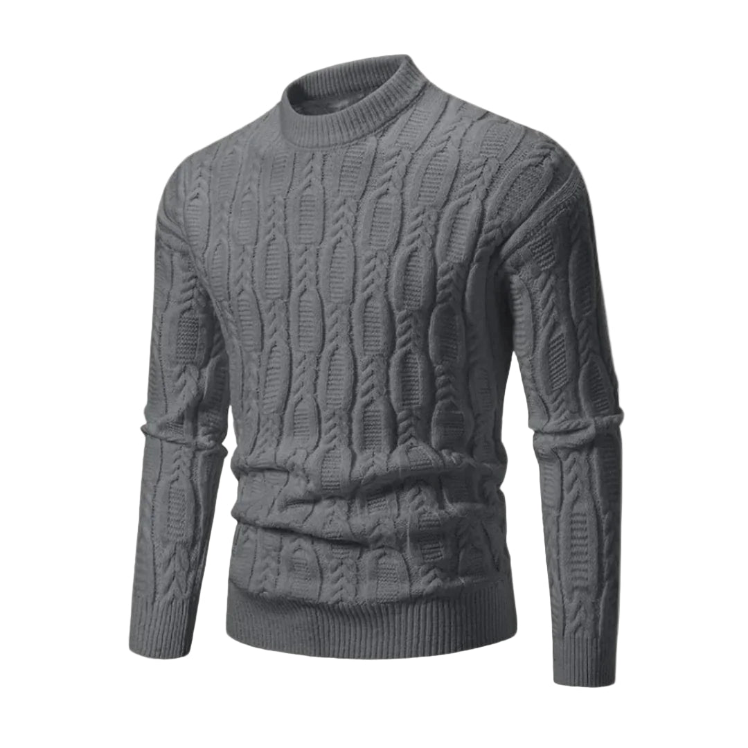 "Miesten puuvillasekoite crewneck kaapelineulepusero, elegantti tekstuuri, monikäyttöinen pyöreäkaulus, edestä katsottuna."