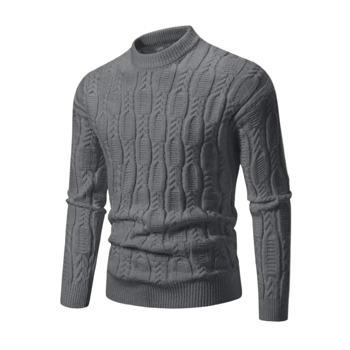 "Miesten puuvillasekoite crewneck kaapelineulepusero, elegantti tekstuuri, monikäyttöinen pyöreäkaulus, edestä katsottuna."