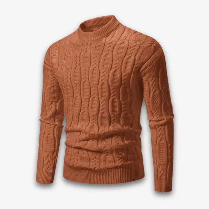 "Miesten puuvillasekoite crewneck kaapelineulepusero, elegantti tekstuuri, monikäyttöinen pyöreäkaulus, edestä katsottuna."