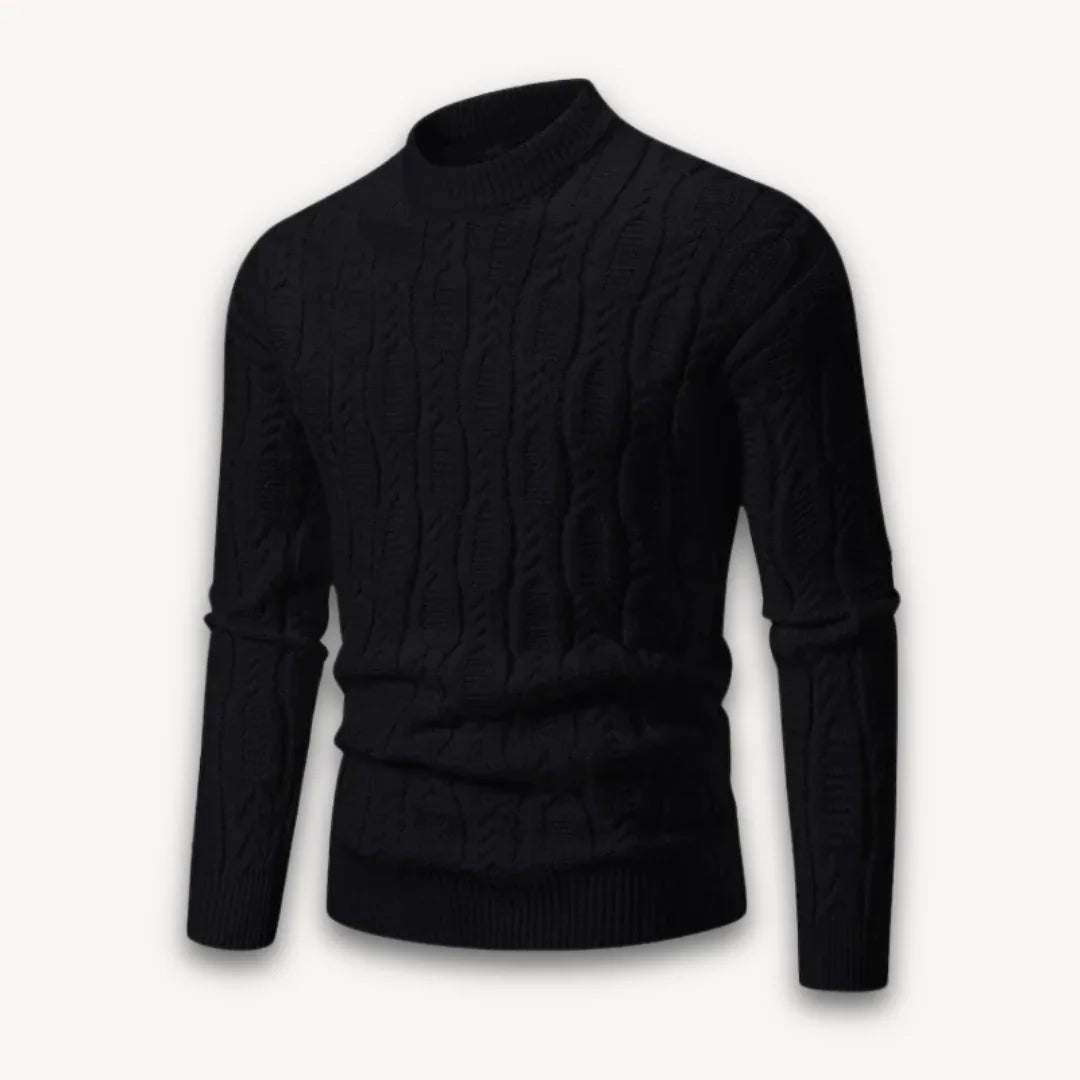 "Miesten puuvillasekoite crewneck kaapelineulepusero, elegantti tekstuuri, monikäyttöinen pyöreäkaulus, edestä katsottuna."