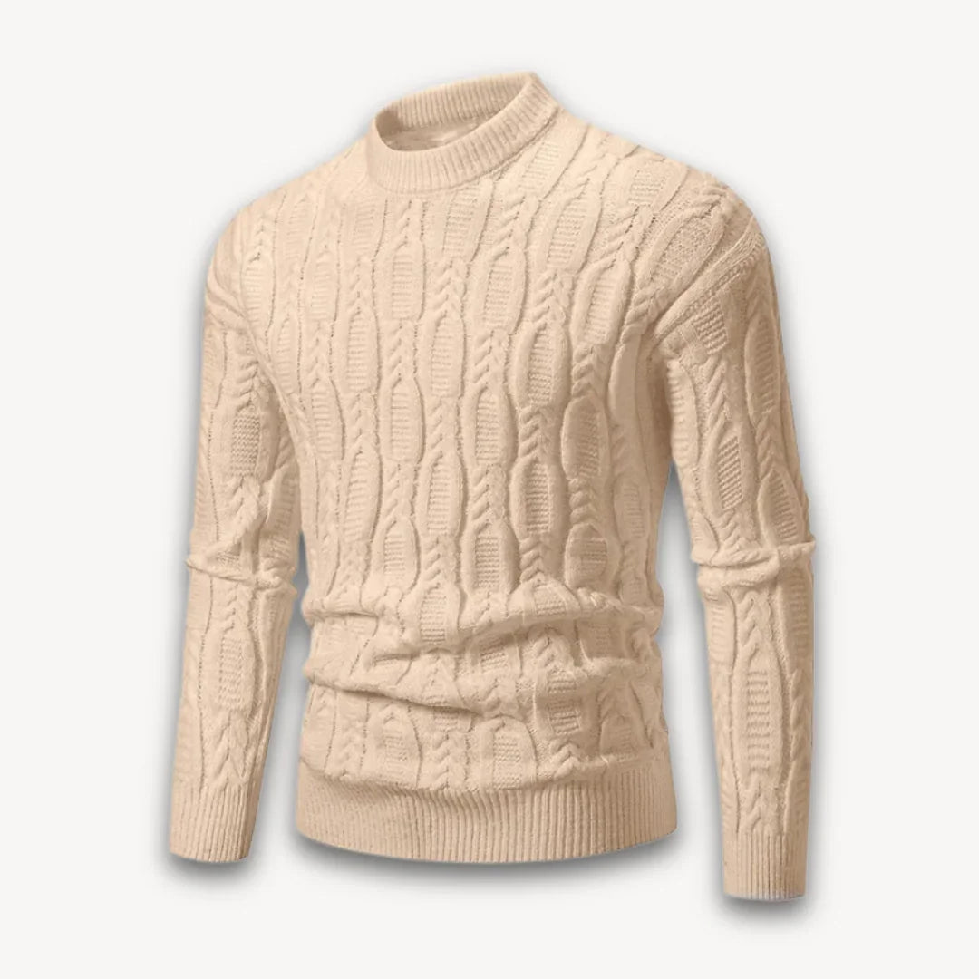 "Miesten puuvillasekoite crewneck kaapelineulepusero, elegantti tekstuuri, monikäyttöinen pyöreäkaulus, edestä katsottuna."