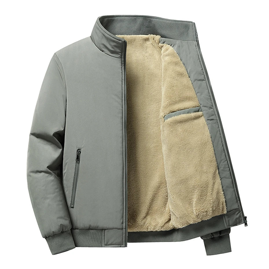 Herre afslappet tyk fleece vinterjakke. Tyk fleecefor, khaki. Velegnet til vinterudendørs brug og afslappet stil.