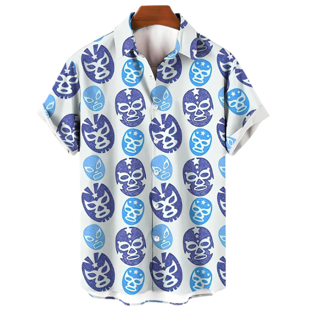 Afslappet herre-t-shirt med farverigt og energisk Luchador-print, let og åndbart materiale.