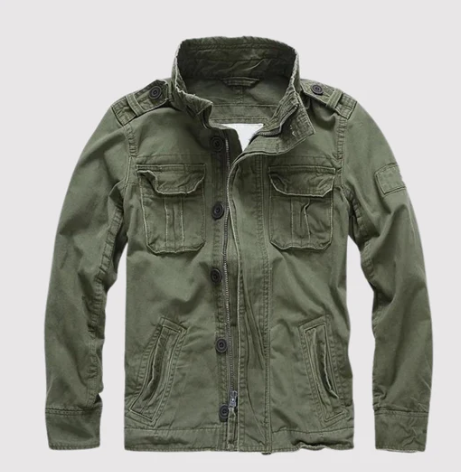 Herre retro cargo jakke i denim, med flere bryst- og sidelommer, militærstil, turtleneck-krave, blå.