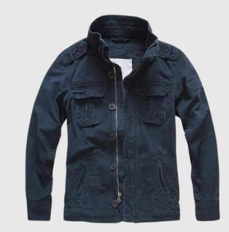 Herre retro cargo jakke i denim, med flere bryst- og sidelommer, militærstil, turtleneck-krave, blå.