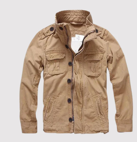 Herre retro cargo jakke i denim, med flere bryst- og sidelommer, militærstil, turtleneck-krave, blå.