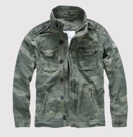 Herre retro cargo jakke i denim, med flere bryst- og sidelommer, militærstil, turtleneck-krave, blå.