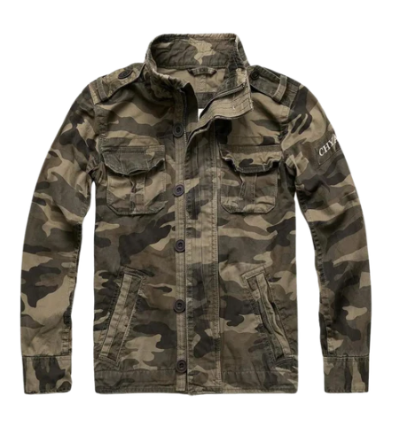 Herre retro cargo jakke i denim, med flere bryst- og sidelommer, militærstil, turtleneck-krave, blå.