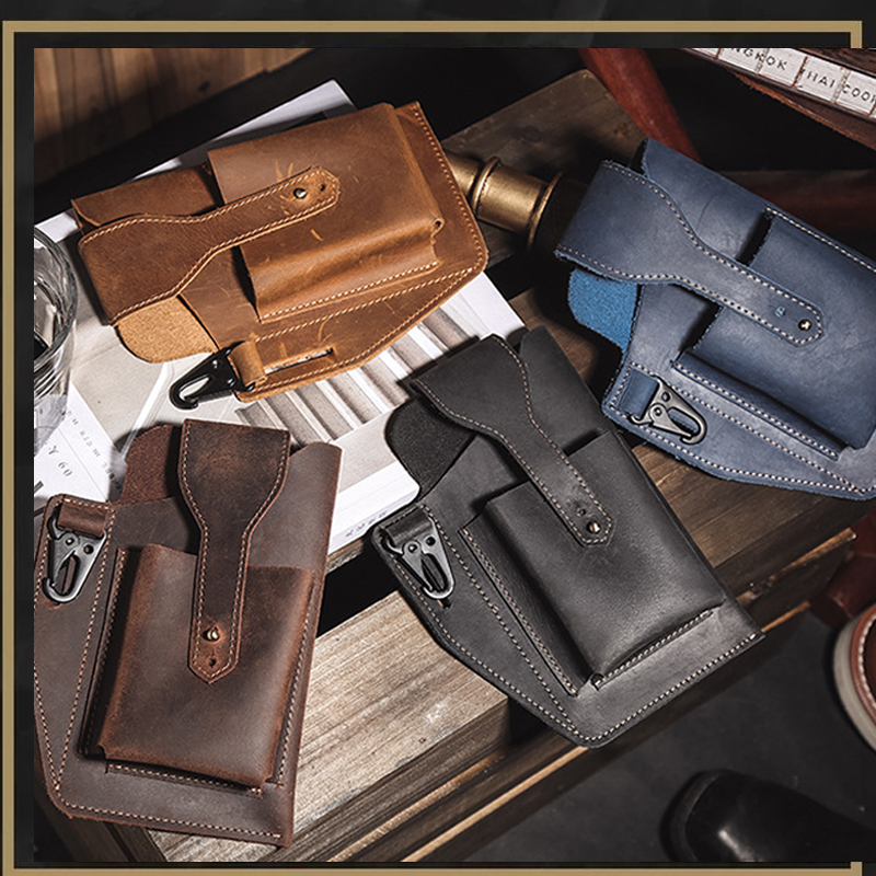 Mænds retro bumbag i fire farver, PU-læder, vintage-stil, flere lommer, farver: sort, brun, kaffe, blå.