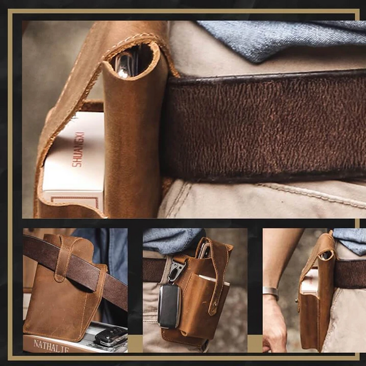 Mænds retro bumbag i fire farver, PU-læder, vintage-stil, flere lommer, farver: sort, brun, kaffe, blå.